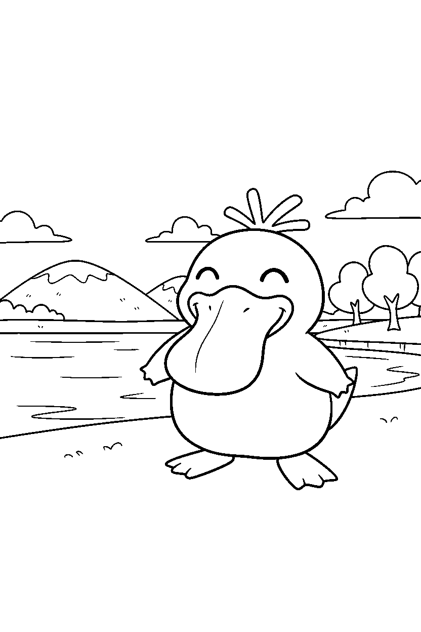 psyduck pokemon smiling happily near a peaceful lake line art
