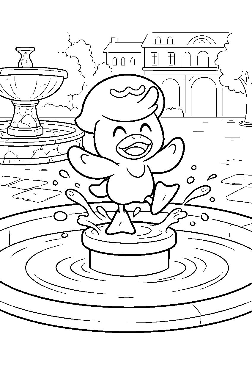 quaxly splashing in a fountain at a town square line art
