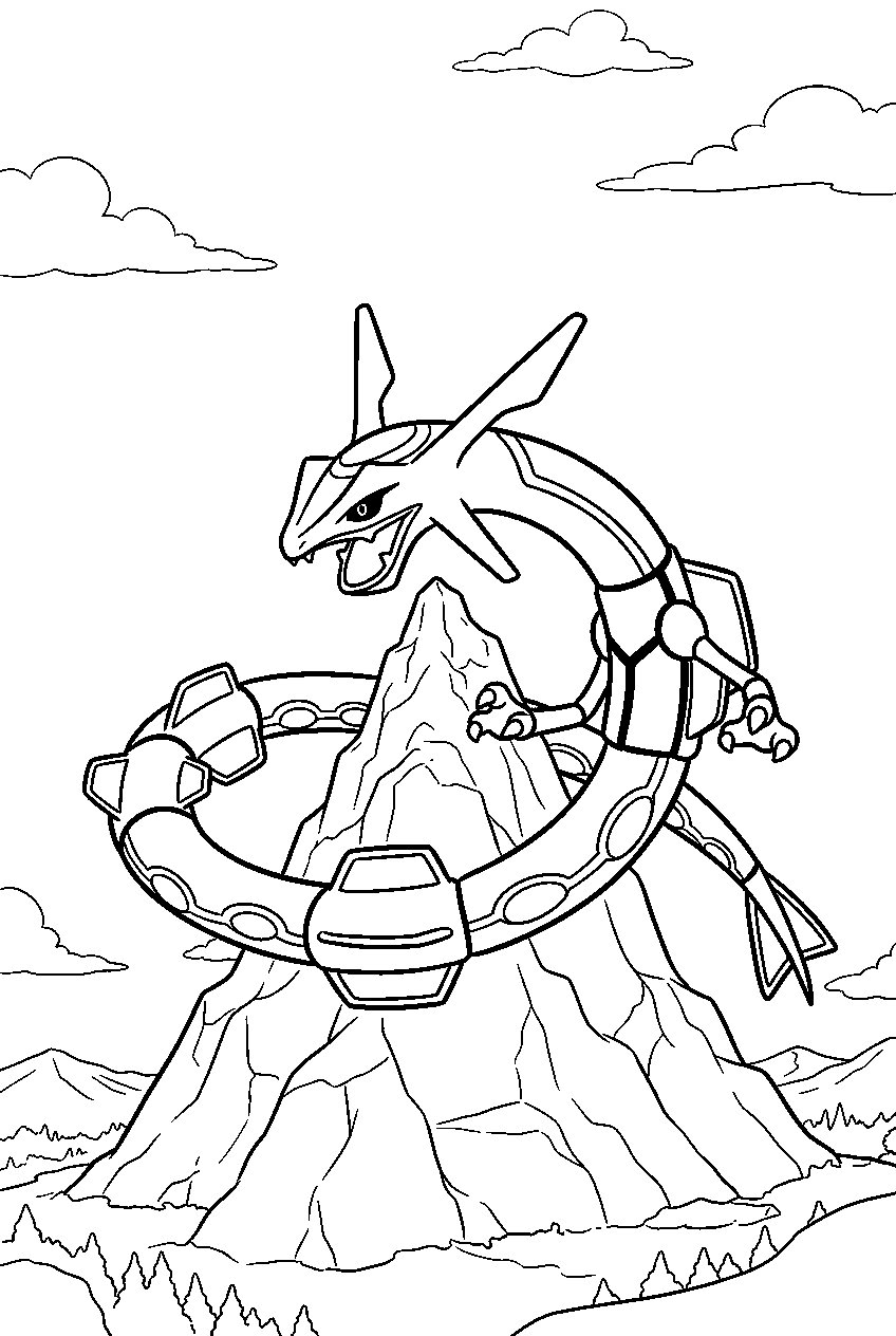 rayquaza circling a mountain peak in the open sky line art