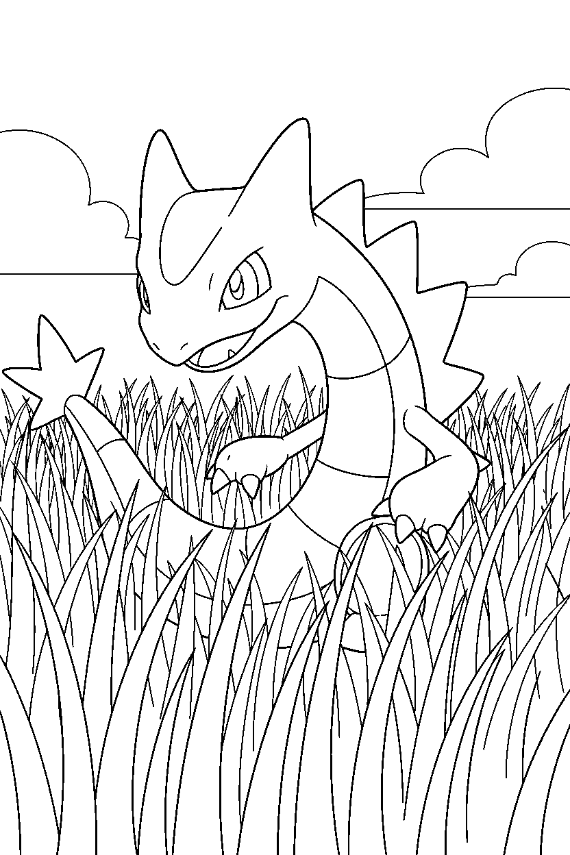 rayquaza pokemon hiding playfully in a grassy field line art