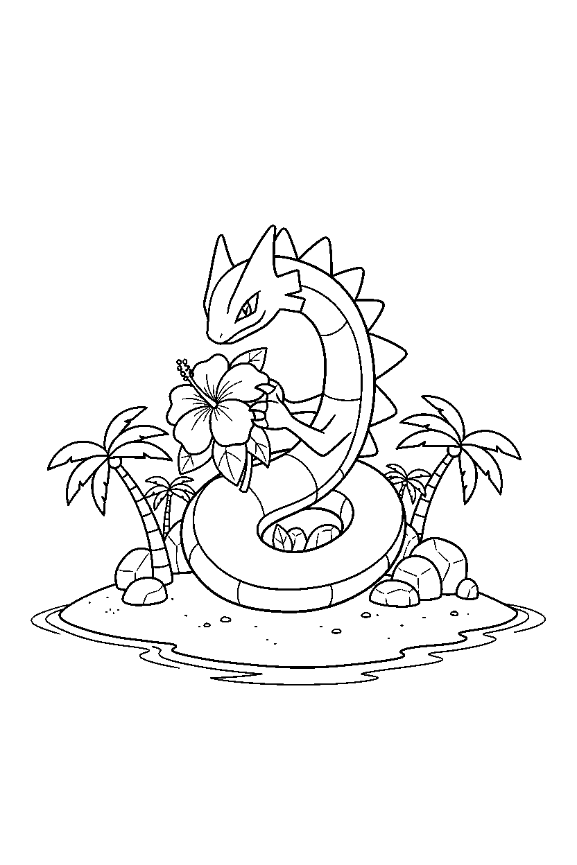 rayquaza pokemon holding a flower on a tropical island line art
