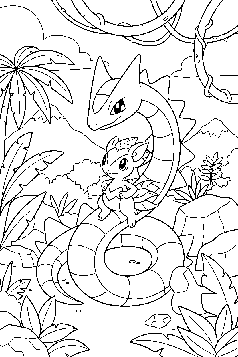 rayquaza pokemon hugging a friend in a jungle line art