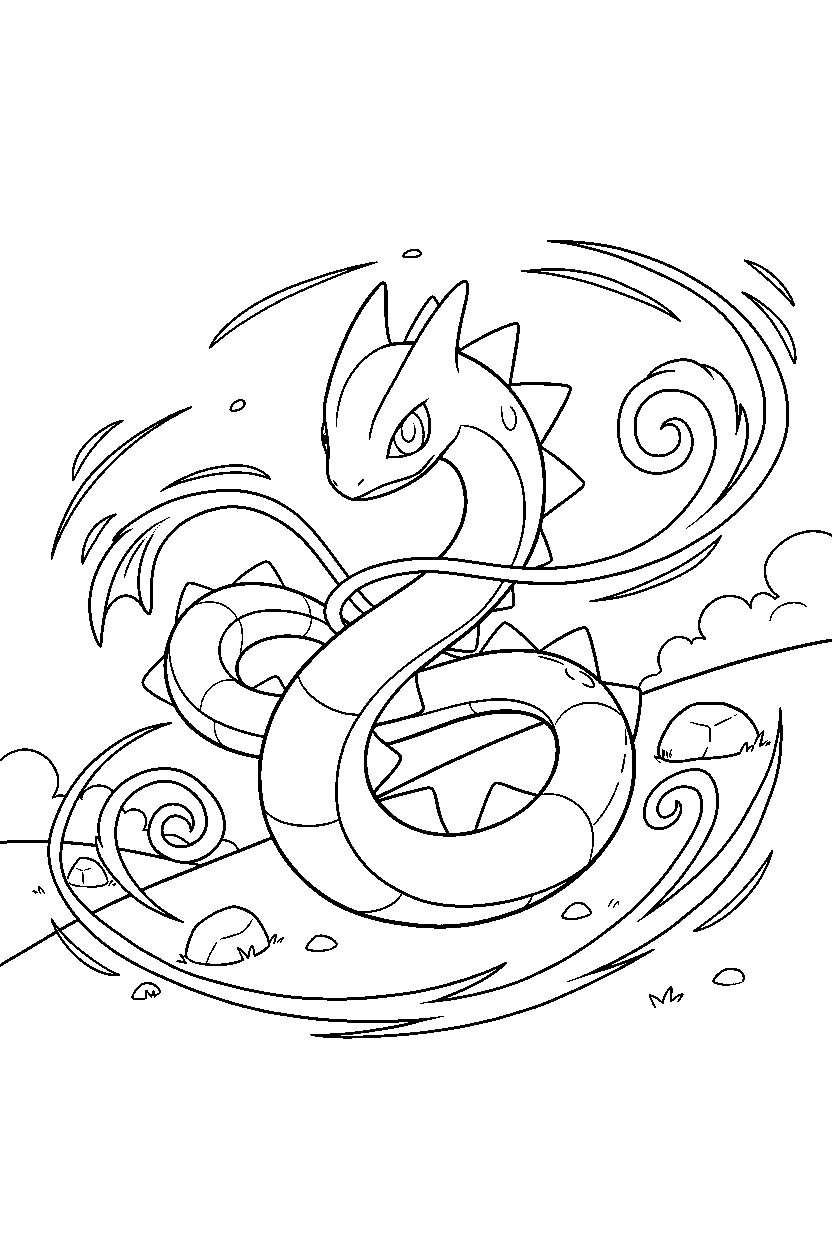 rayquaza pokemon looking curious in a windy hill line art