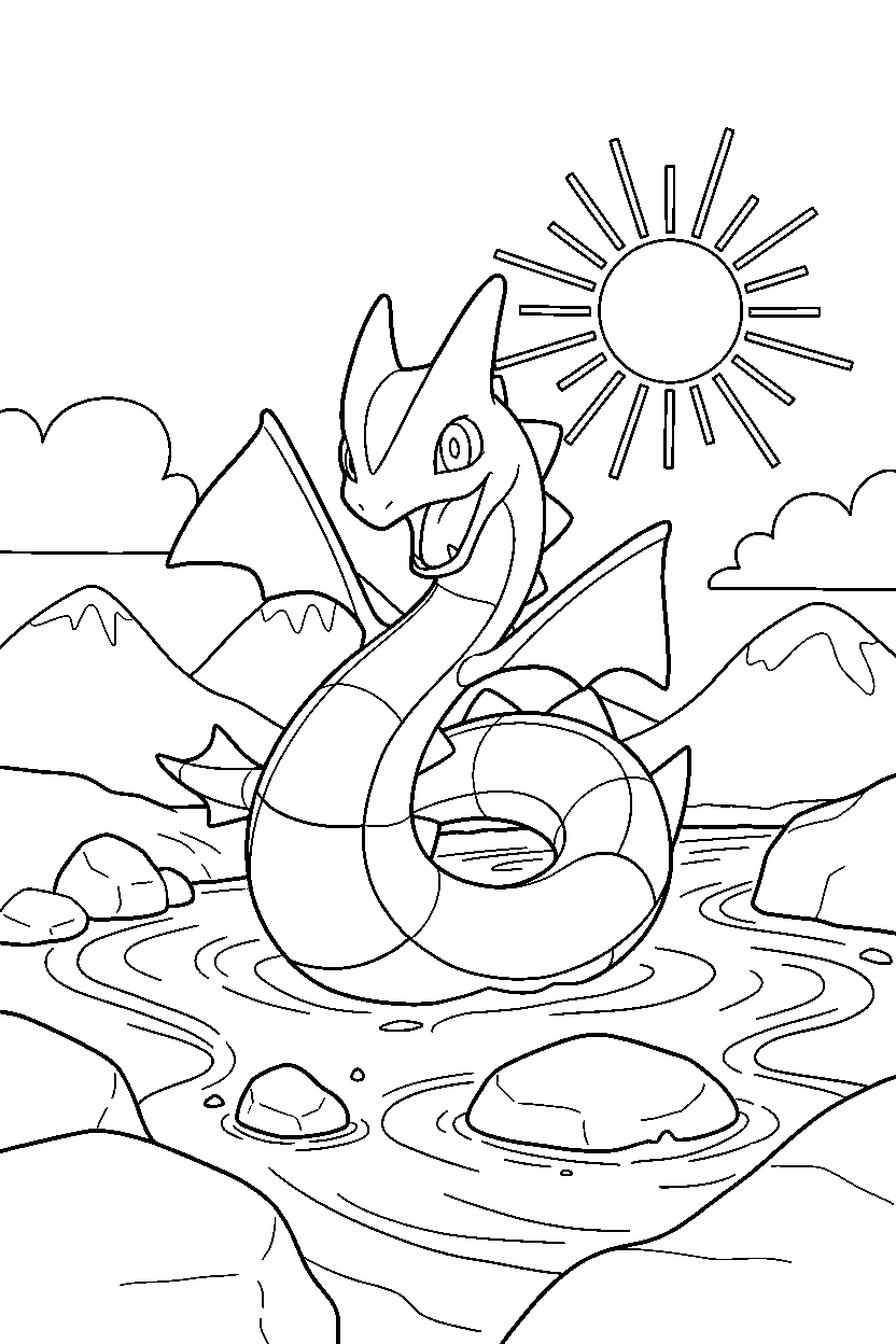 rayquaza pokemon looking excited near a river line art