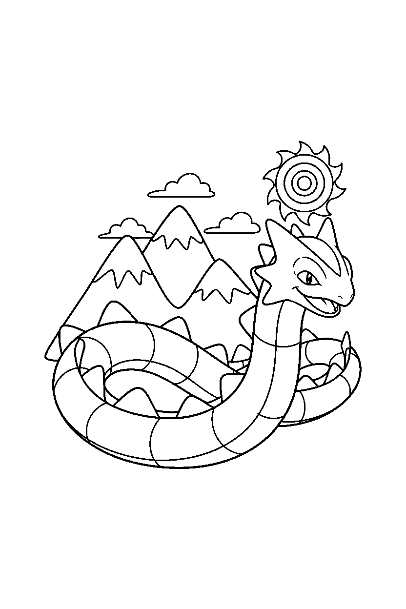 rayquaza pokemon smiling happily near a mountain line art