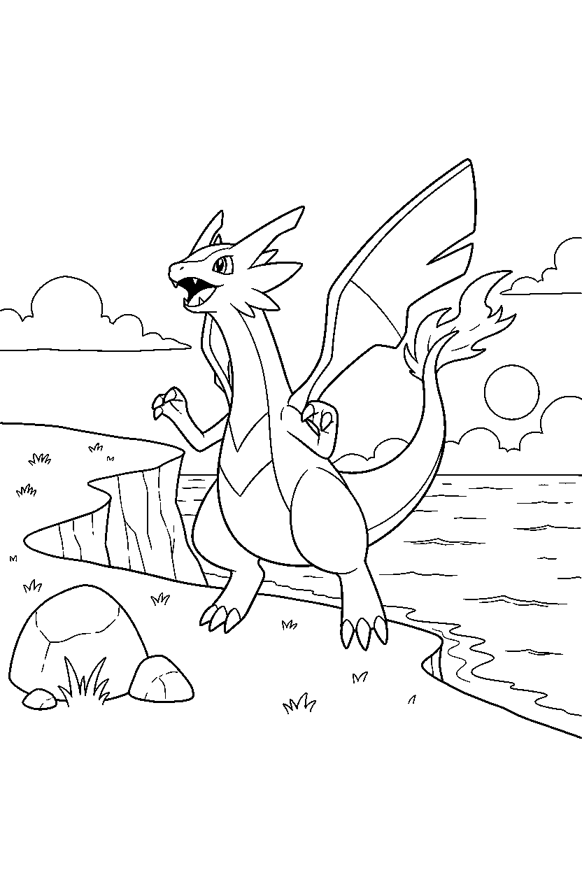 reshiram pokemon cheering happily near a seaside cliff line art