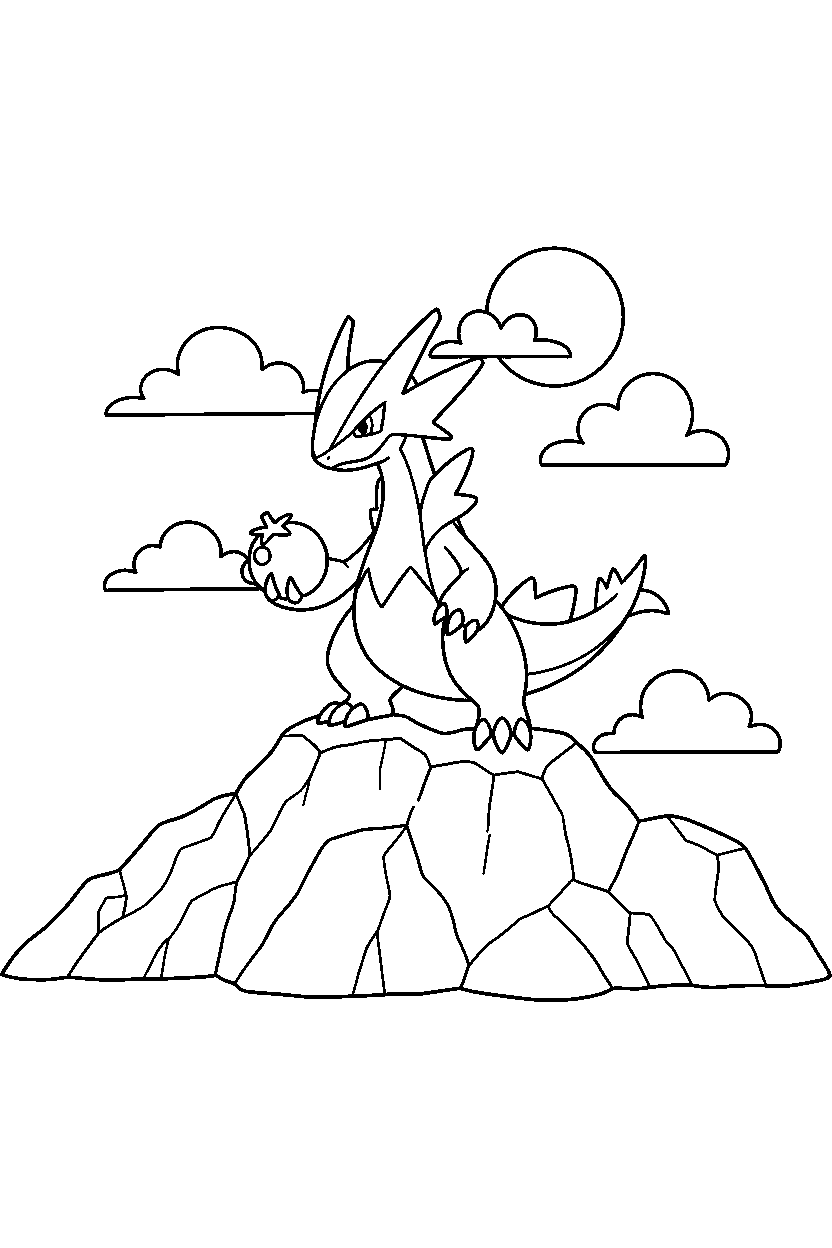 reshiram pokemon holding a berry on a rocky mountain line art