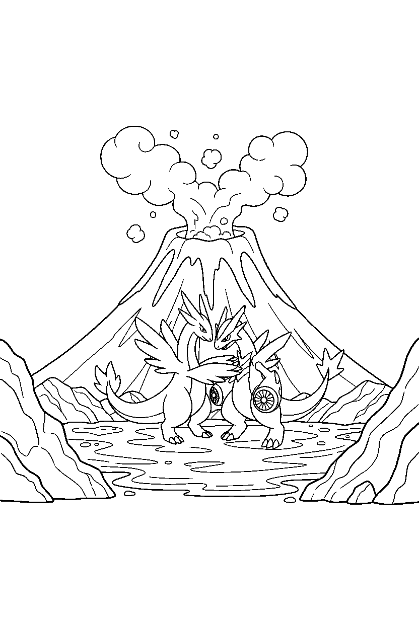 reshiram pokemon hugging a friend in a volcano area line art
