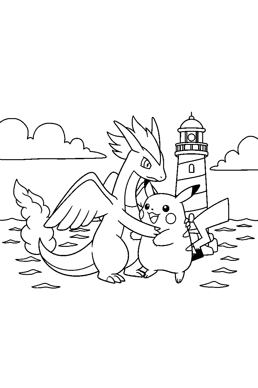 reshiram pokemon hugging a friend near a lighthouse line art