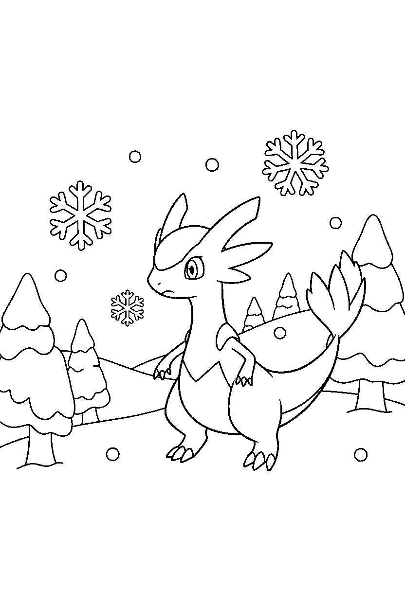reshiram pokemon looking curious in a winter landscape line art