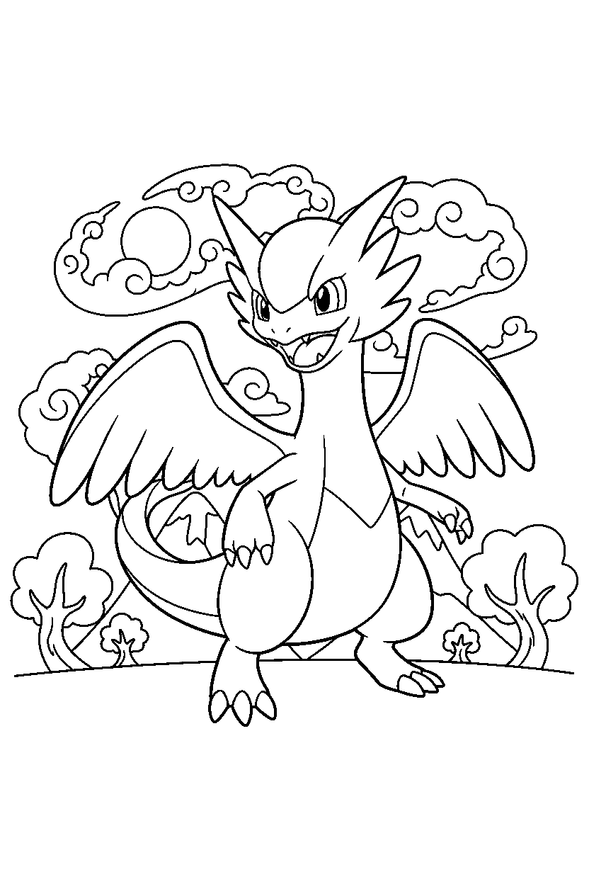 reshiram pokemon smiling happily in a magical landscape line art