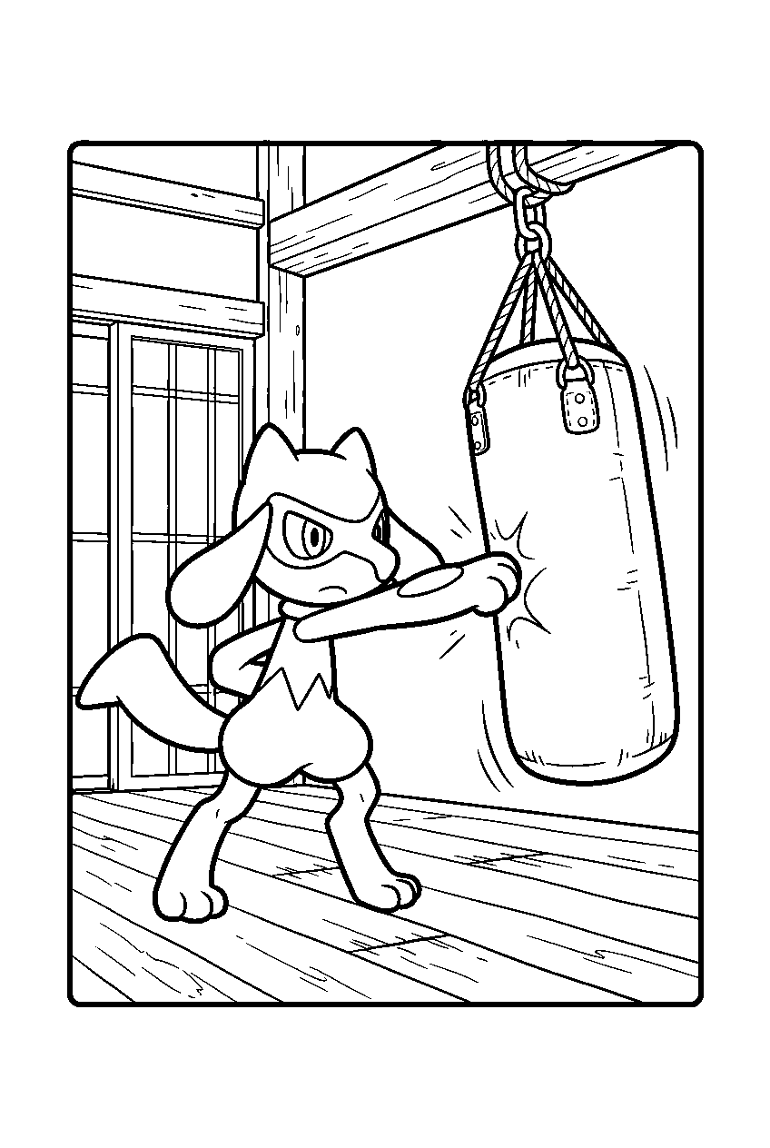 riolu training with a punching bag inside a dojo line art
