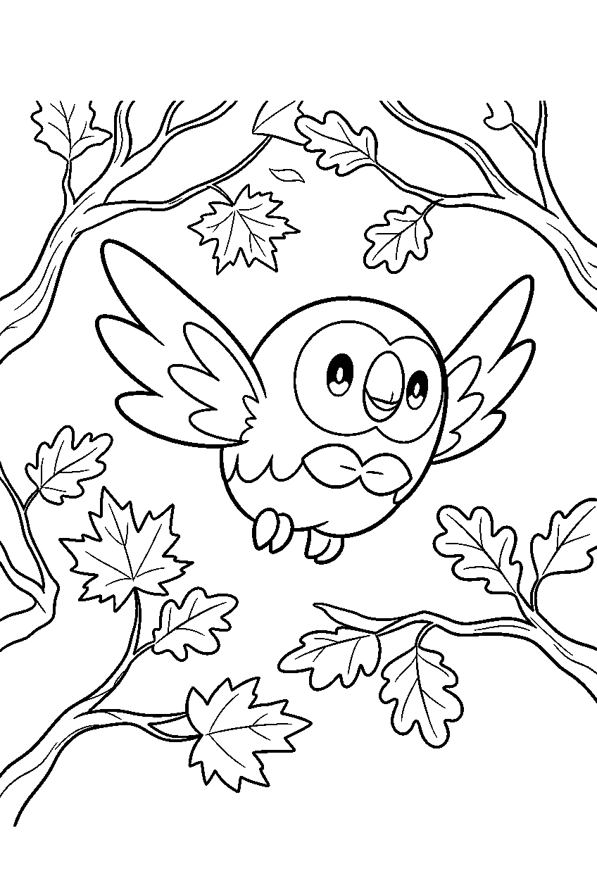 rowlet flying between branches in an autumn forest line art
