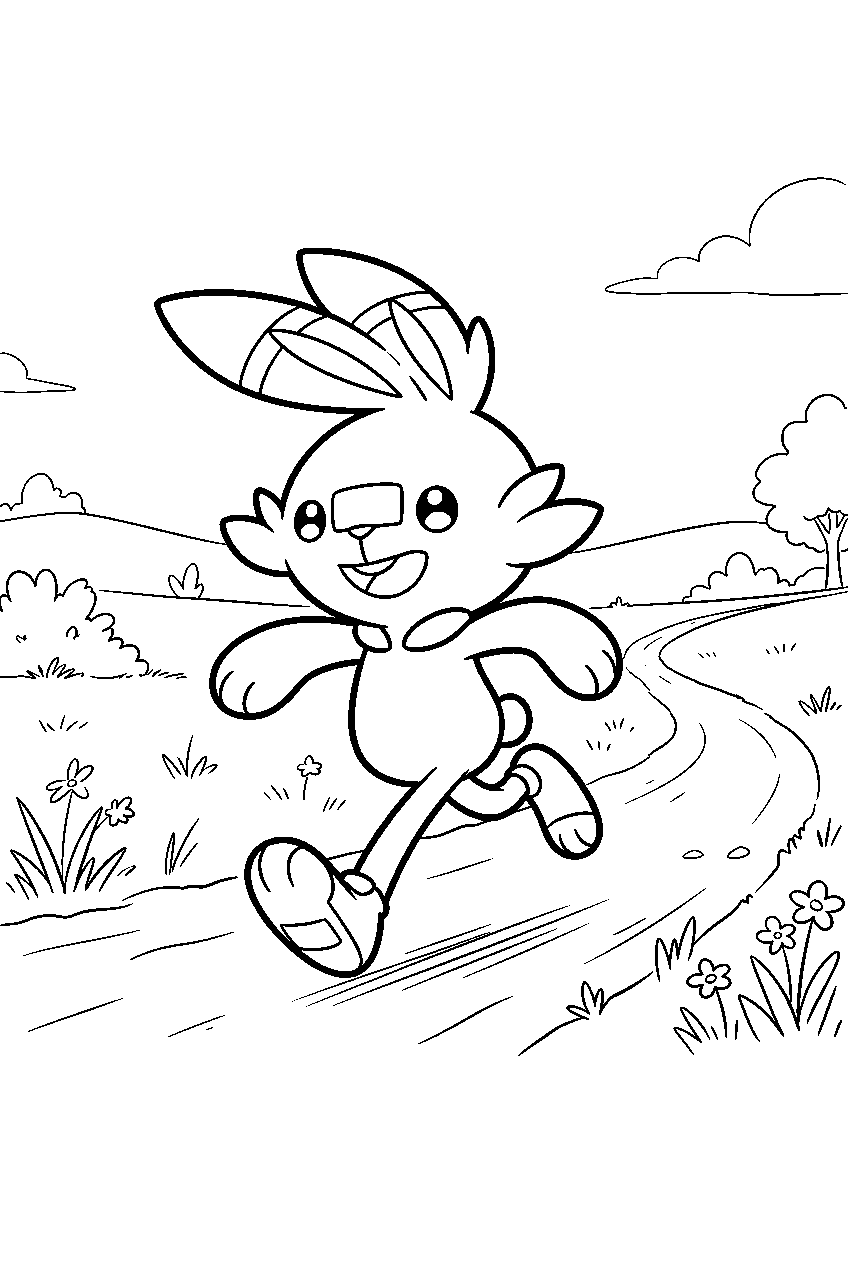 scorbunny sprinting along a countryside trail line art