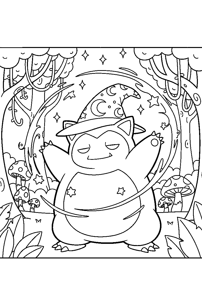 sleepy pokemon practicing a move in a magic forest line art