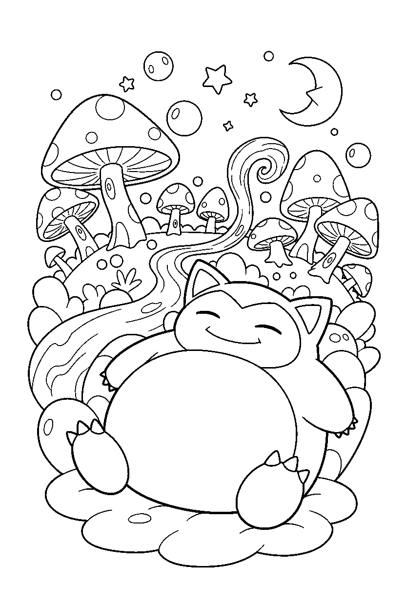 sleepy pokemon smiling happily in a magical landscape line art