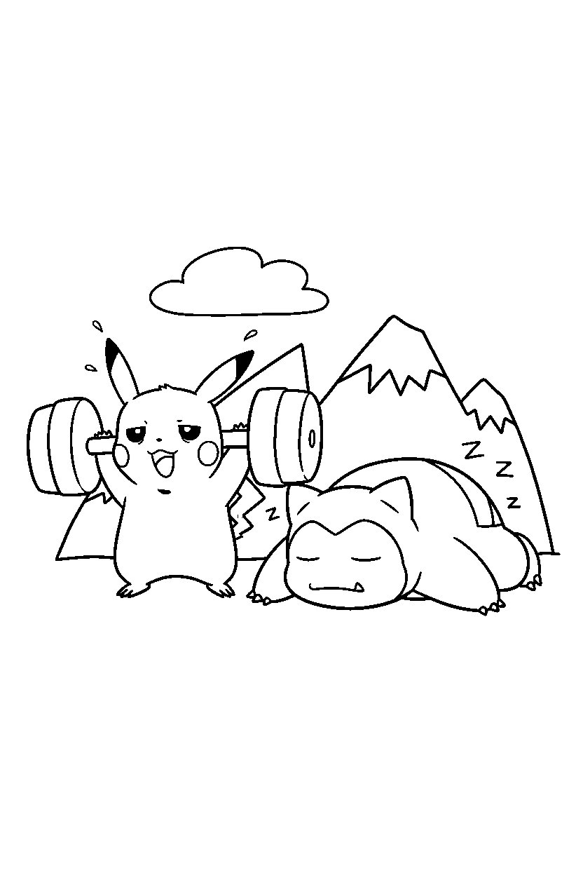 sleepy pokemon training hard near a mountain line art