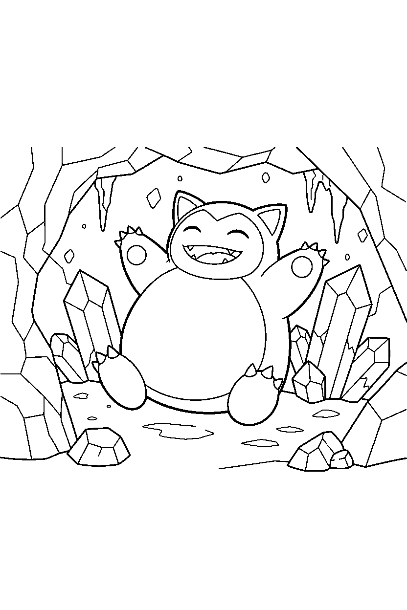 snorlax pokemon celebrating happily inside a crystal cave line art