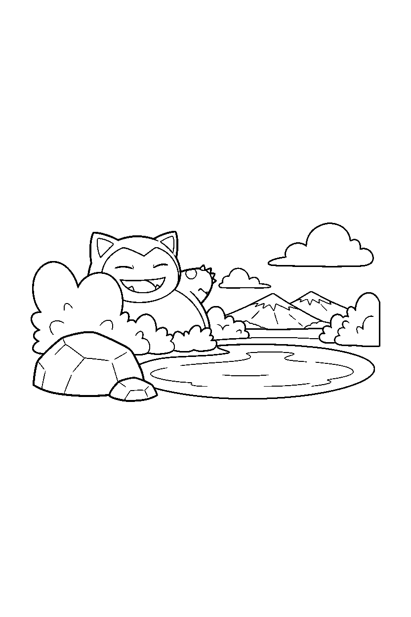 snorlax pokemon hiding playfully near a peaceful lake line art