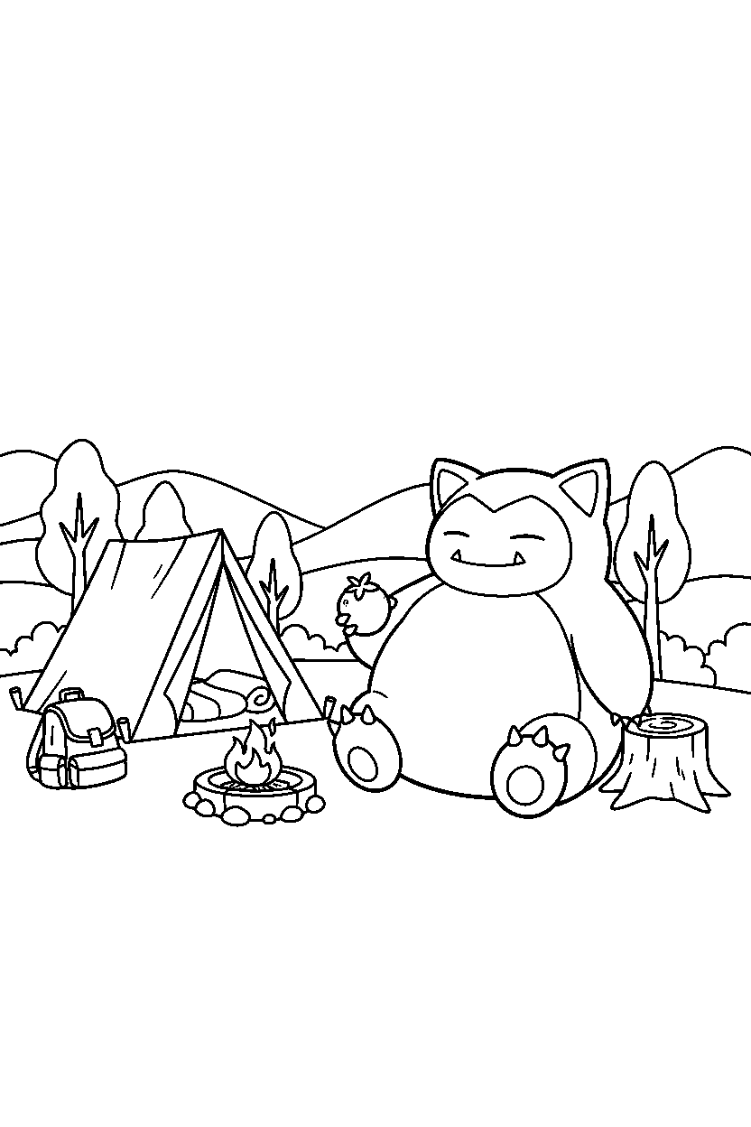 snorlax pokemon holding a berry near a trainer camp line art