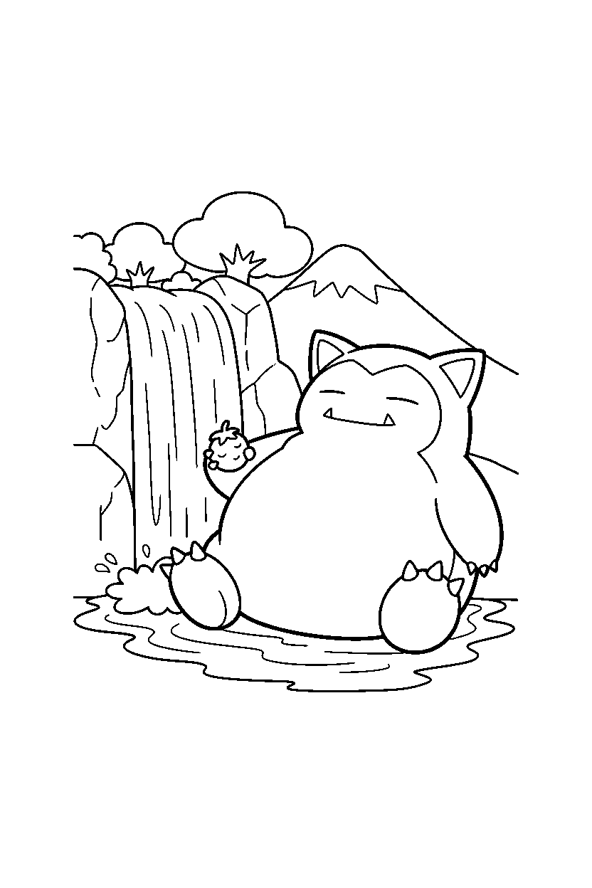 snorlax pokemon holding a berry near a waterfall line art