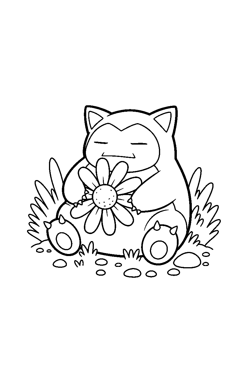 snorlax pokemon holding a flower in a grassy field line art