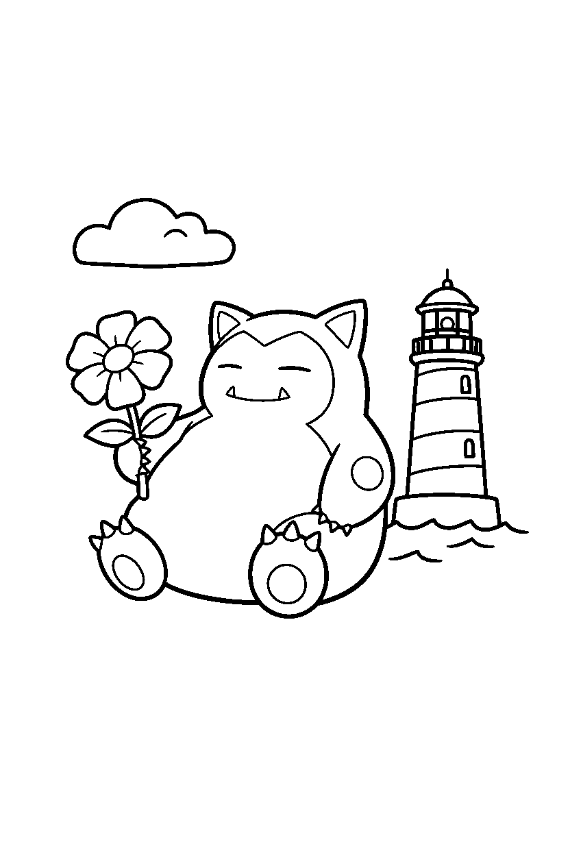 snorlax pokemon holding a flower near a lighthouse line art