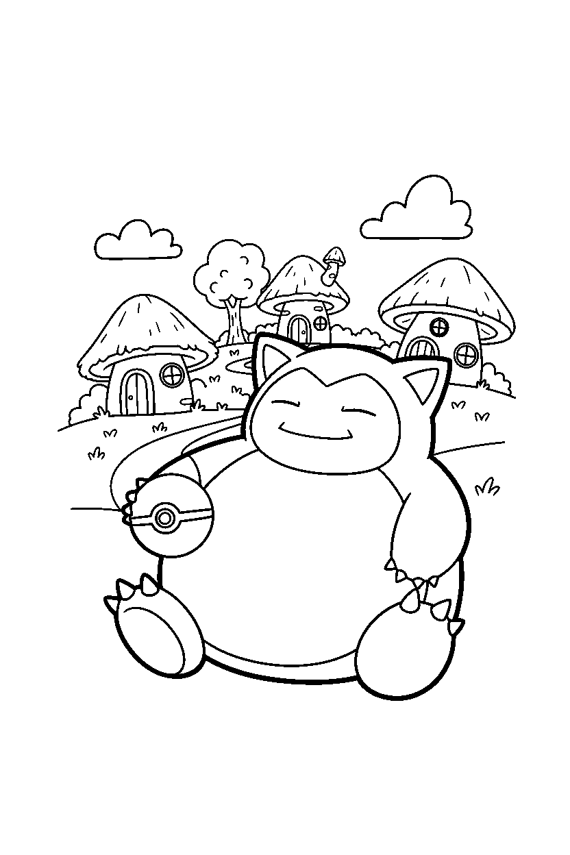 snorlax pokemon holding a pokeball in a peaceful village line art