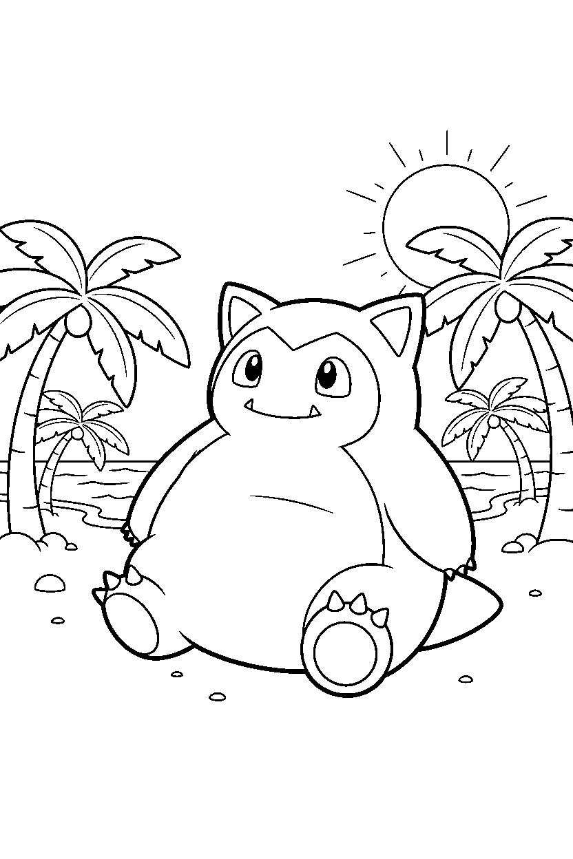 snorlax pokemon looking curious on a sunny beach line art