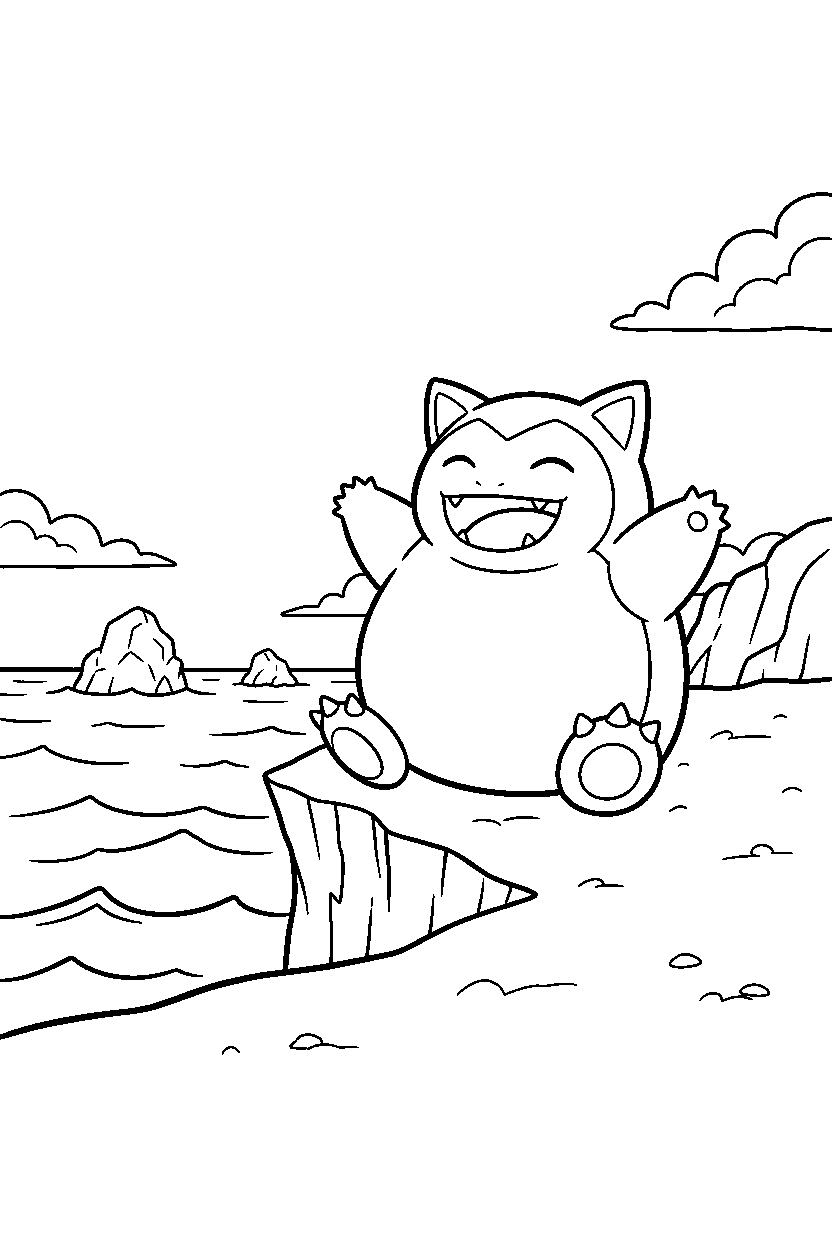 snorlax pokemon looking excited near a seaside cliff line art