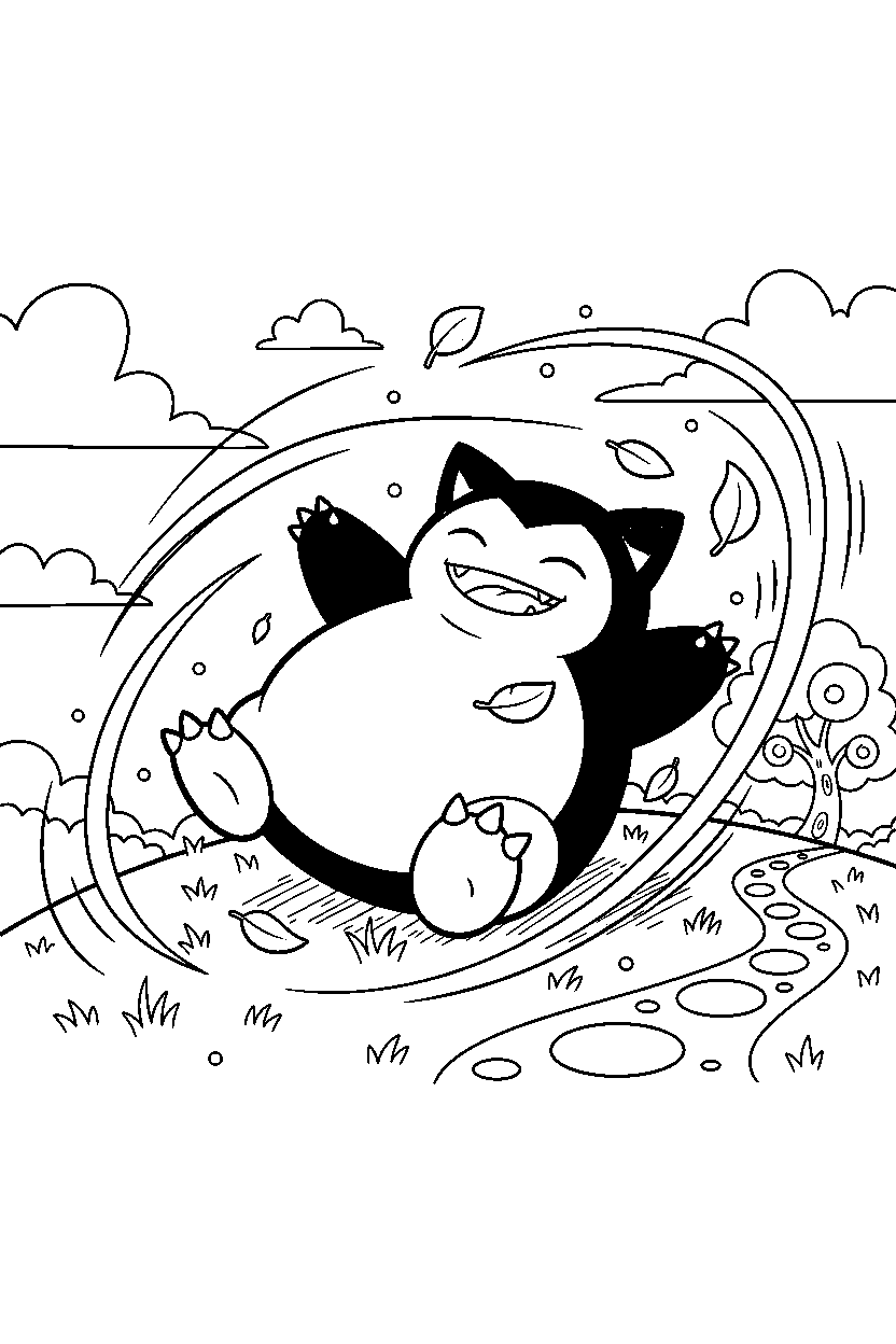 snorlax pokemon playing happily in a windy hill line art