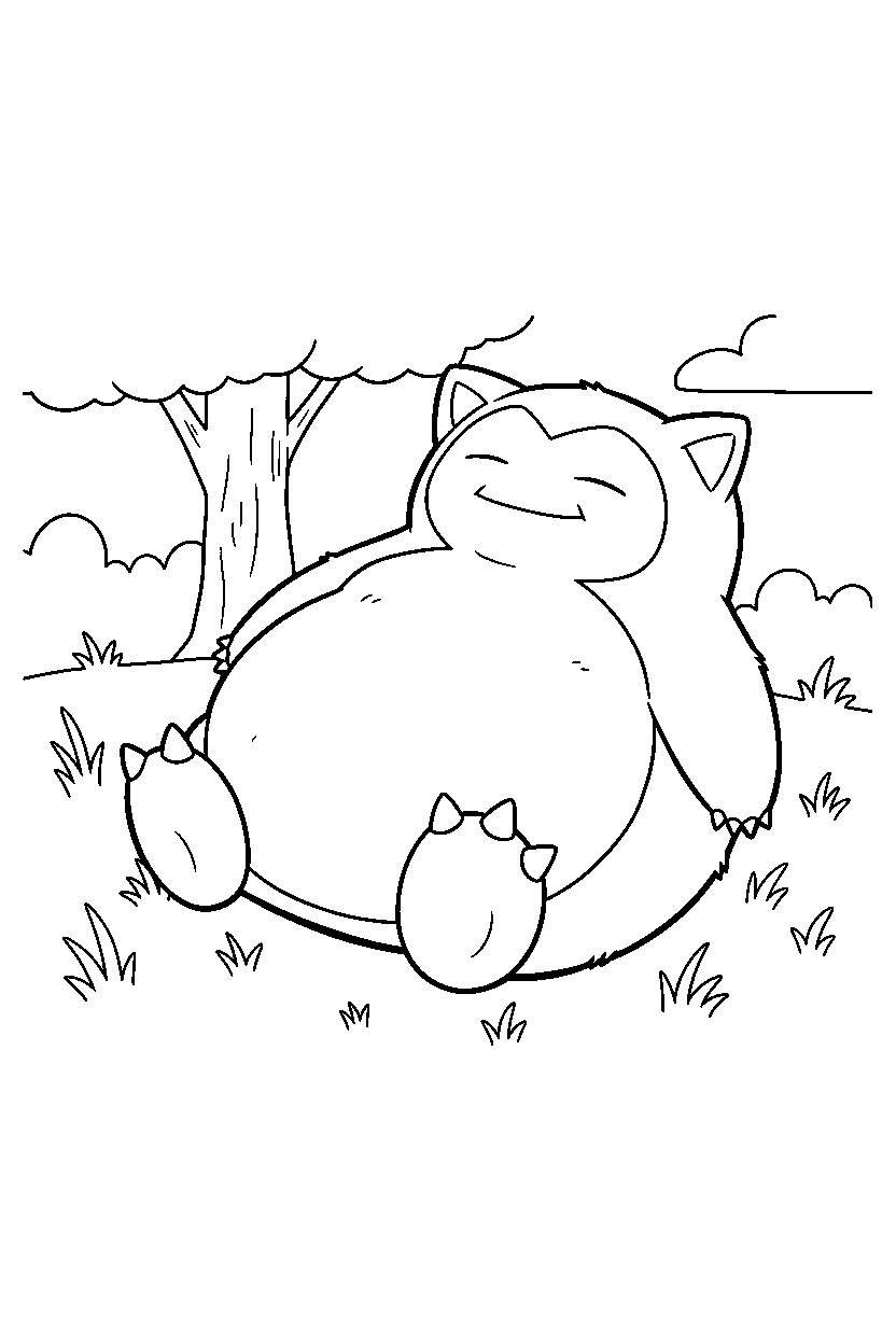 snorlax pokemon resting peacefully in a grassy field line art