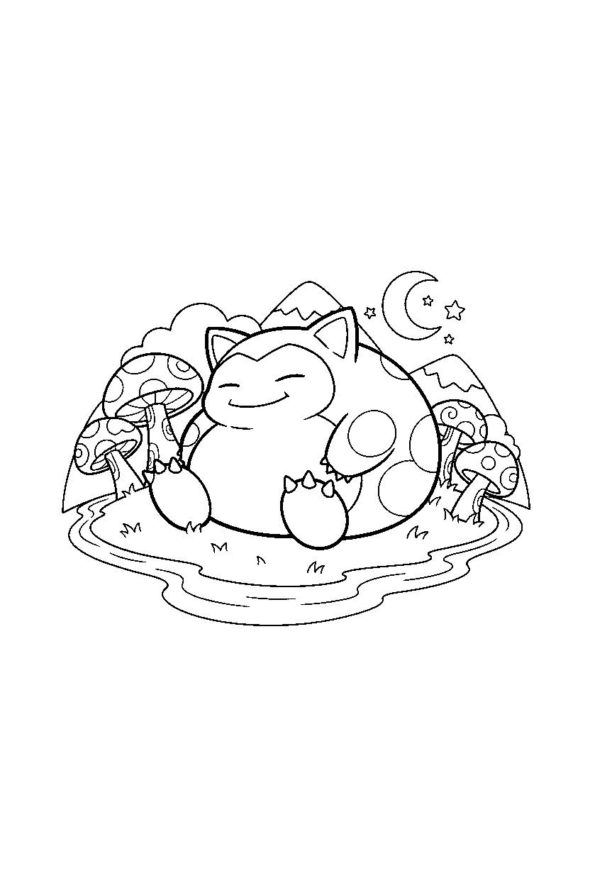snorlax pokemon sleeping peacefully in a magical valley line art