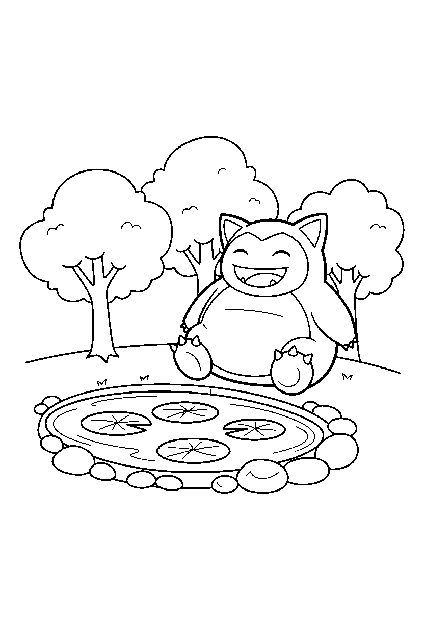 snorlax pokemon smiling happily near a peaceful pond line art