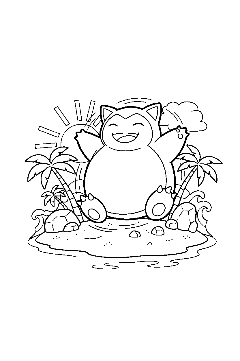 snorlax pokemon spinning happily on a tropical island line art