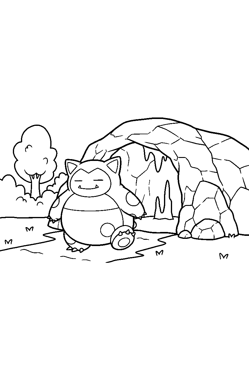 snorlax pokemon walking gently near a cave entrance line art