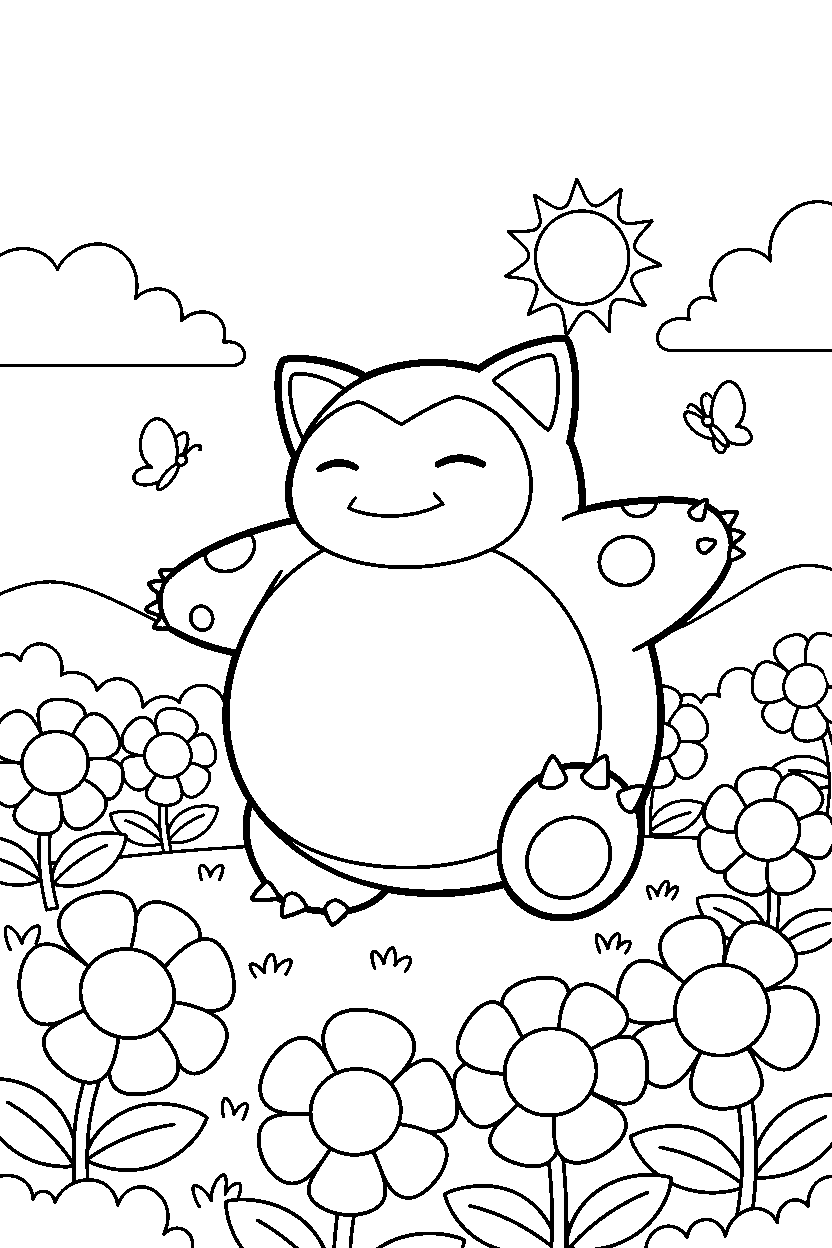 snorlax pokemon walking happily in a flower garden line art