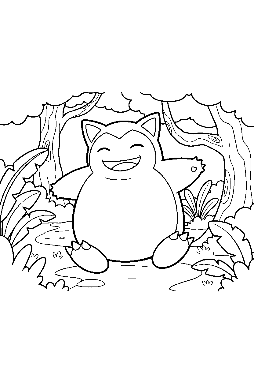snorlax pokemon walking happily in a jungle line art