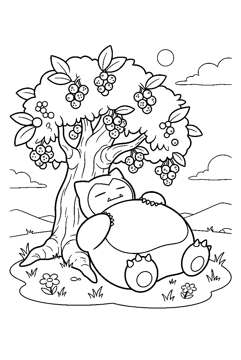 snorlax sleeping beneath a berry tree in a sunny meadow line art