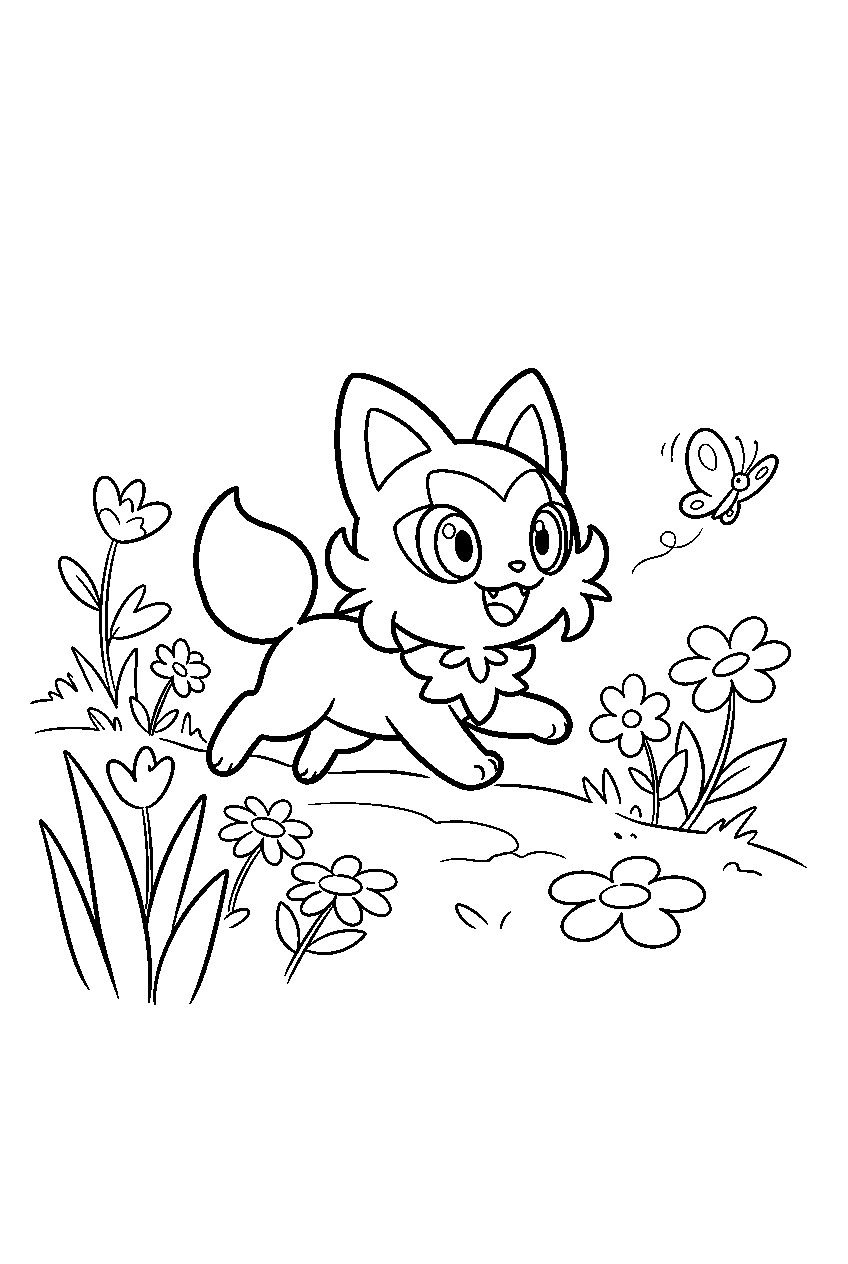 sprigatito chasing a butterfly through a flower meadow line art
