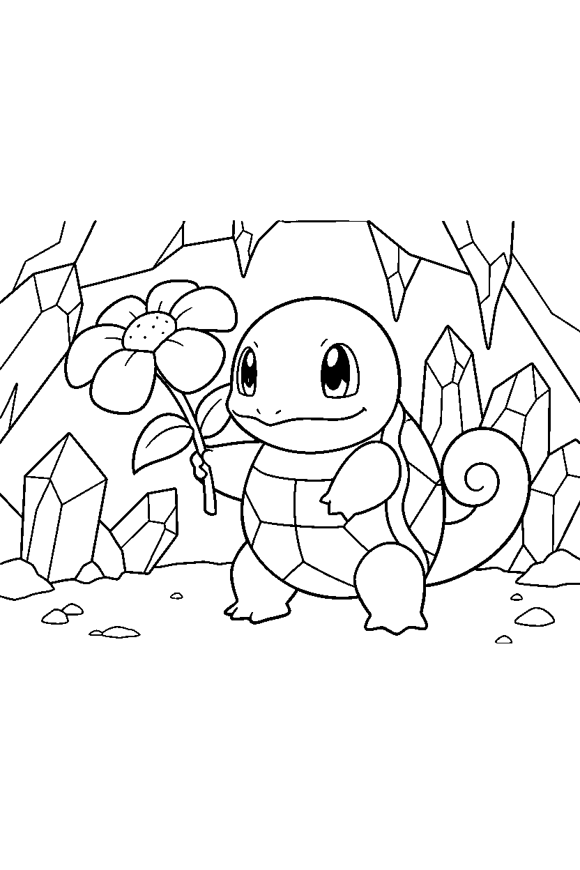 squirtle pokemon holding a flower inside a crystal cave line art