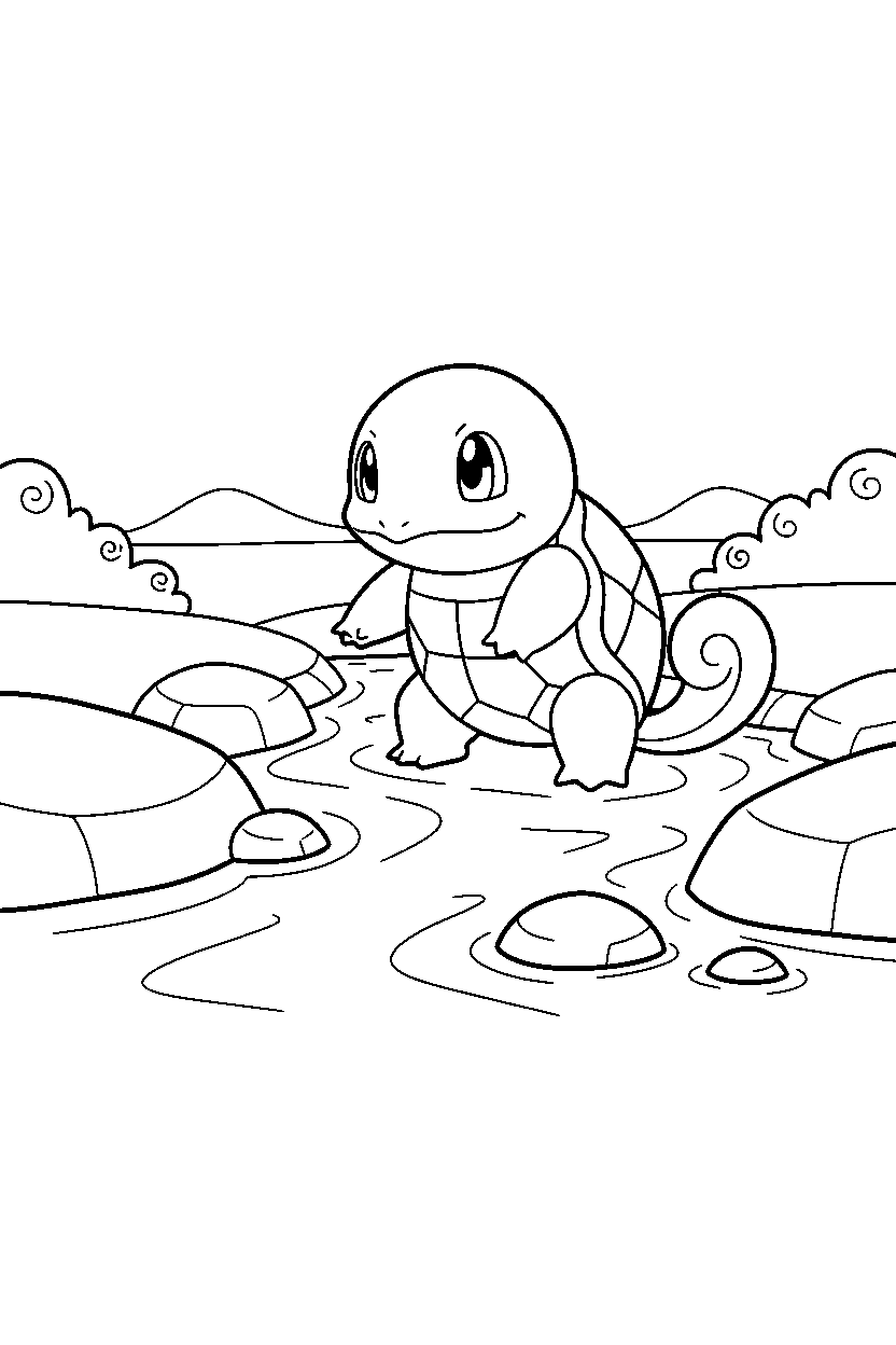 squirtle pokemon looking around near a river line art
