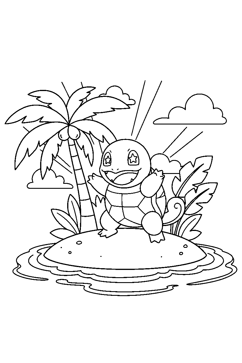 squirtle pokemon looking excited on a tropical island line art