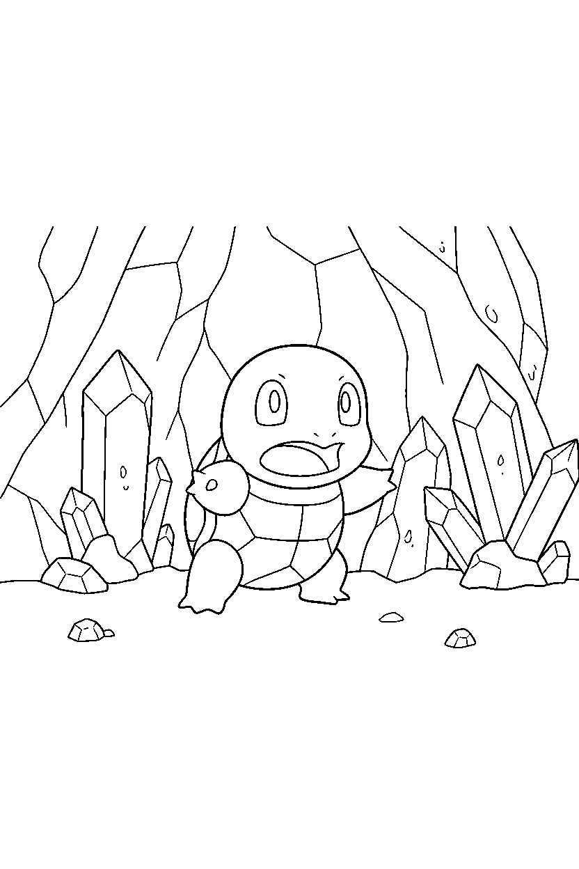 squirtle pokemon looking surprised inside a crystal cave line art