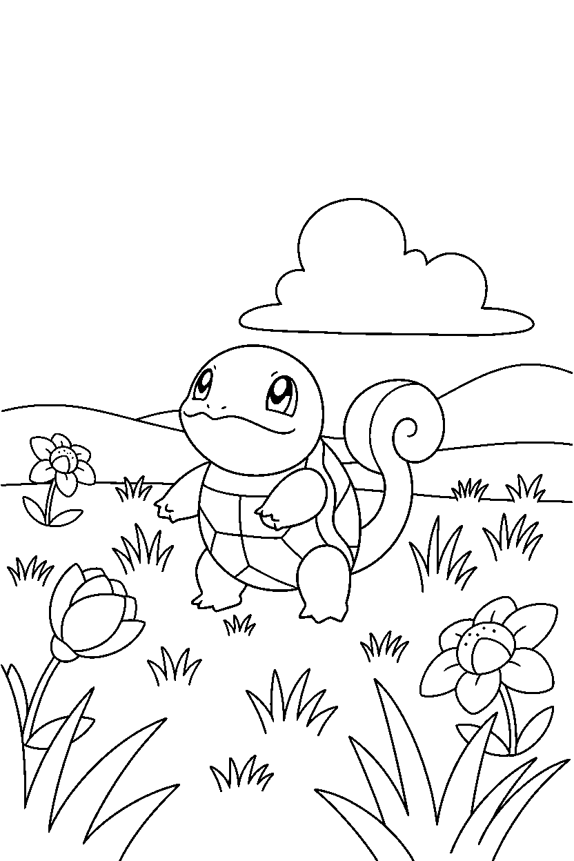 squirtle pokemon sniffing the air in a grassy field line art