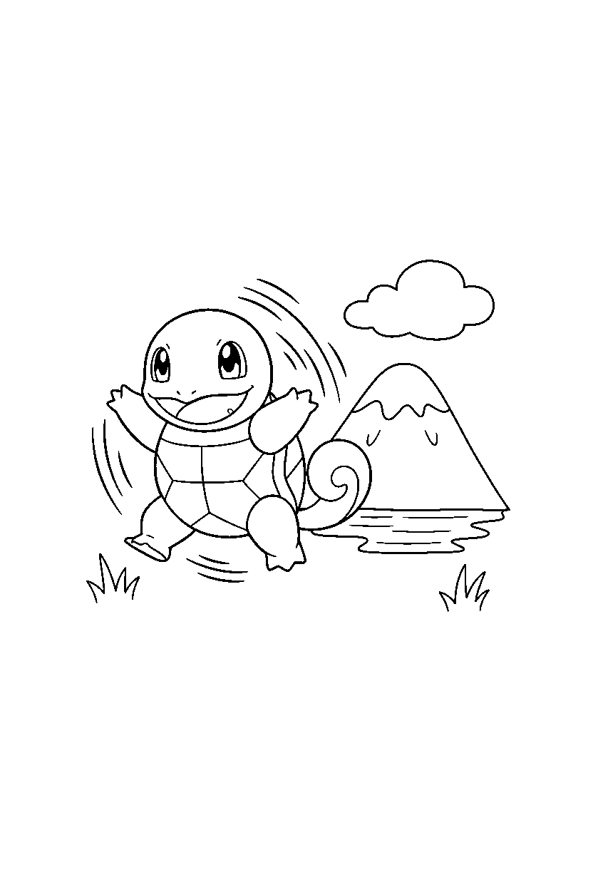 squirtle pokemon spinning happily near a mountain line art