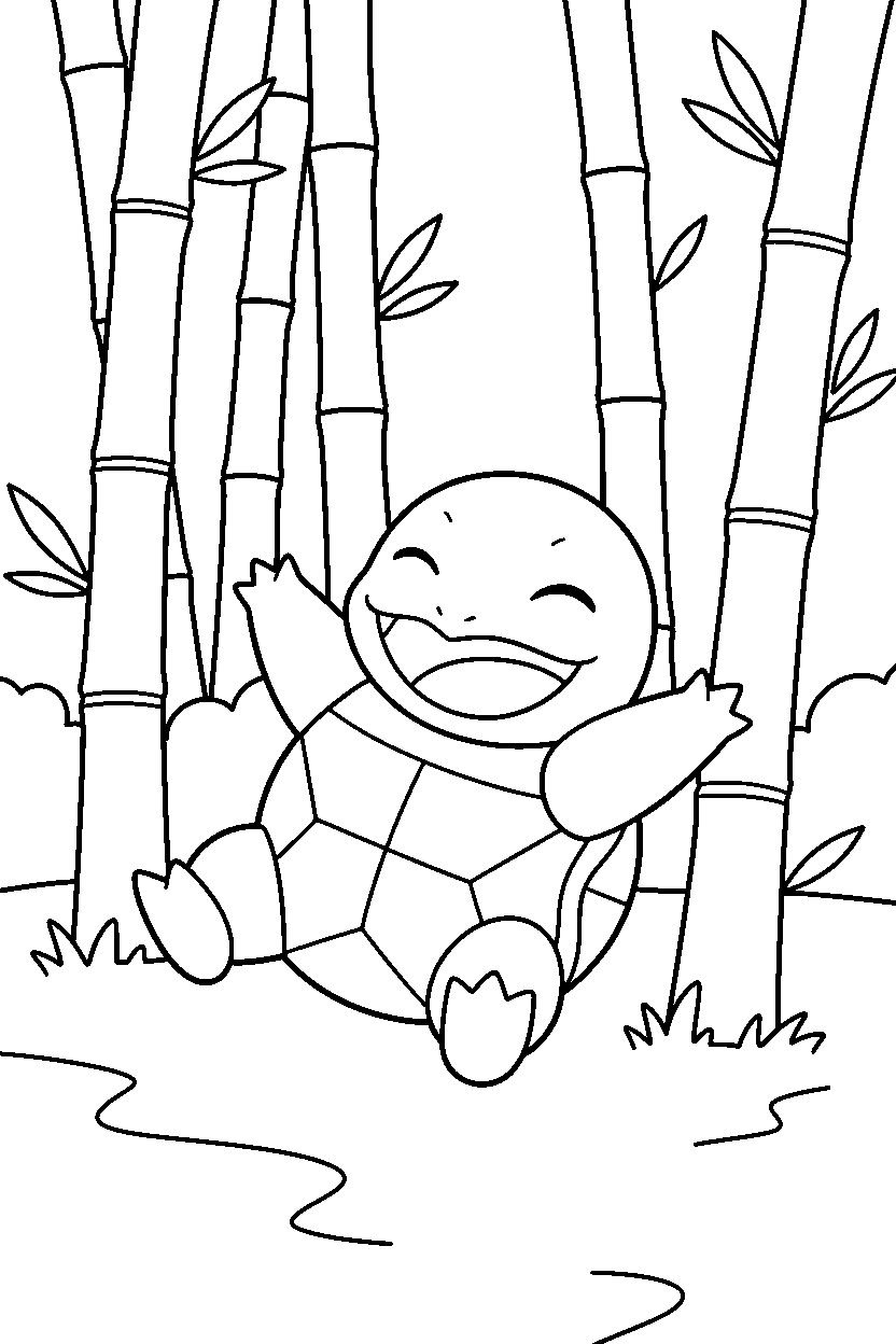 squirtle pokemon stretching happily in a bamboo forest line art