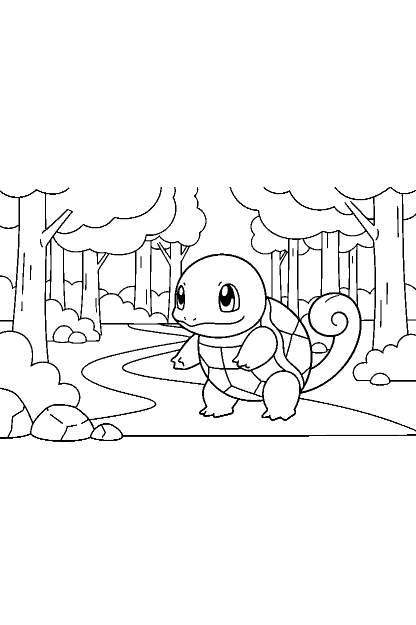 squirtle pokemon walking gently near a forest path line art