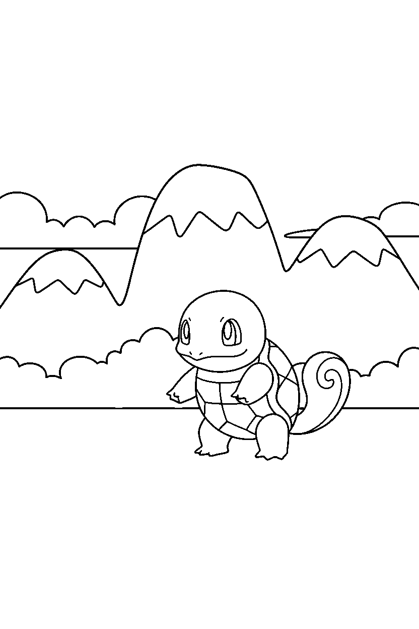 squirtle pokemon walking gently near a mountain line art