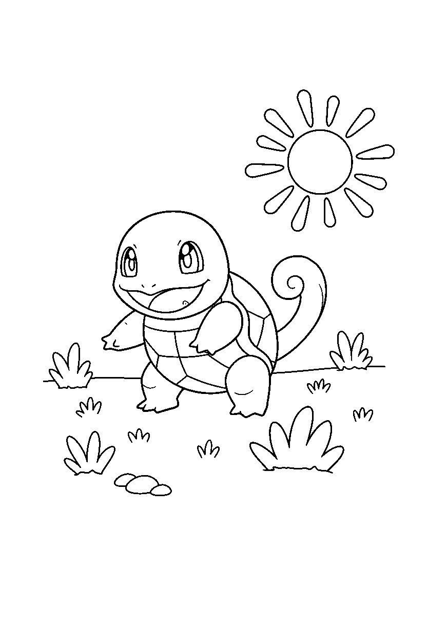 squirtle pokemon walking happily in a grassy field line art